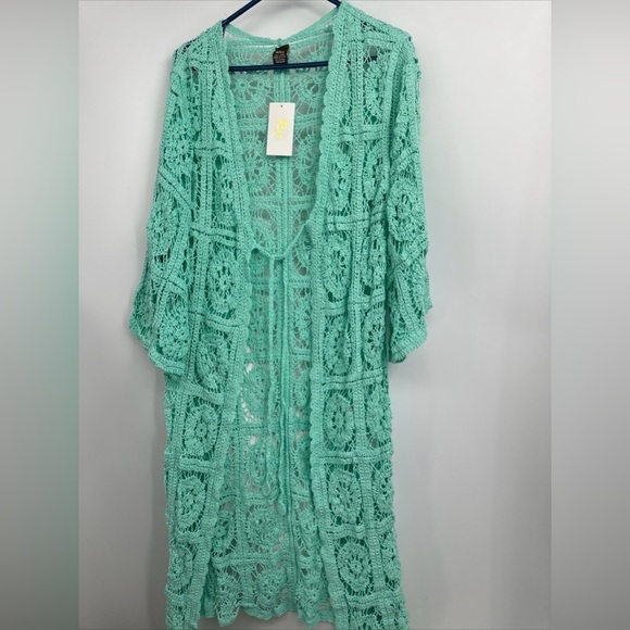 Anthropologie Raj Mint Green Crochet Cardigan Kimono duster One Size - Picture 1 of 4